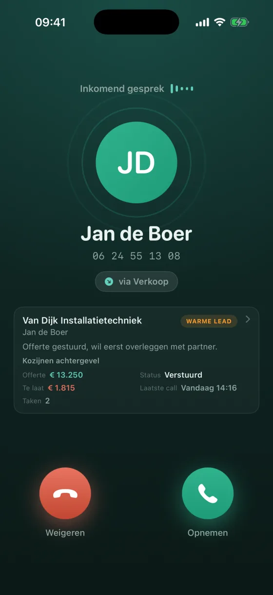 Inkomend gesprek in de KobiVoice-app: de naam van de beller, het label via Verkoop, en daaronder de klantkaart met de openstaande offerte en het bedrag dat te laat is.