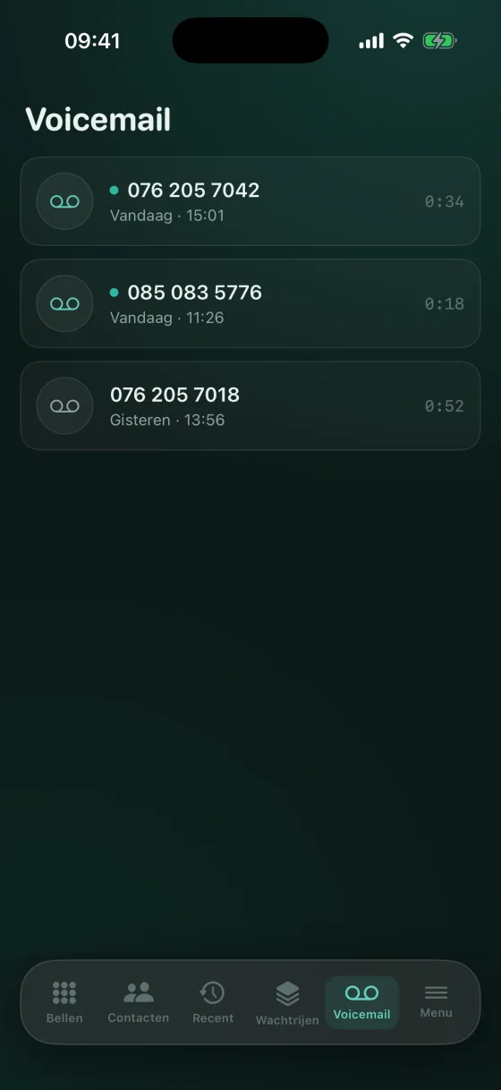 Voicemailberichten met per bericht het nummer, het tijdstip en de lengte.