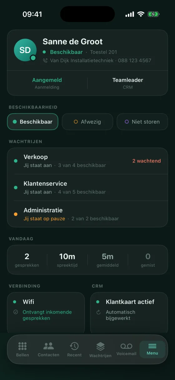 Je eigen werkplek in de app: je beschikbaarheid, de wachtrijen waarop je staat en je cijfers van vandaag.