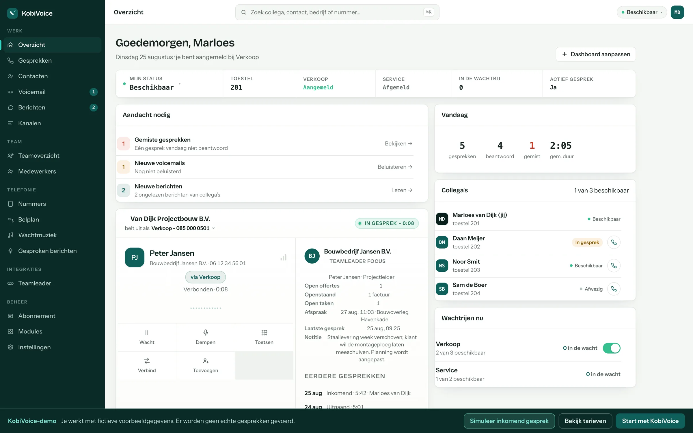 De KobiVoice Werkplek in de browser: een lopend gesprek met Bouwbedrijf Jansen, met de klantkaart uit het CRM ernaast - open offertes, een openstaande factuur, taken en de volgende afspraak.